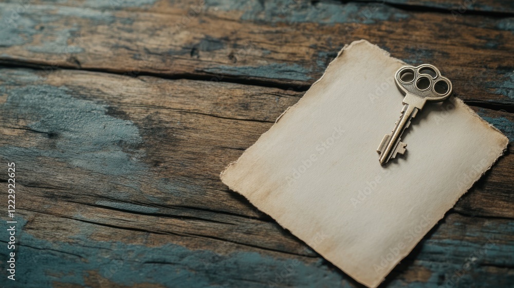 Poster Close up of vintage key on aged paper note resting on rustic wooden table with empty space for personal message or creative text