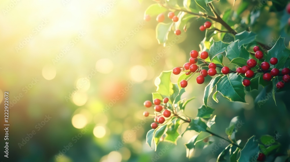 Poster Close up of vibrant holly berries illuminated by sunlight with soft focus background and ample empty space for text insertion