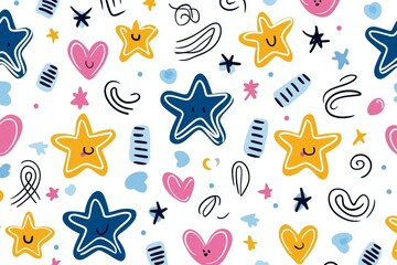 Colorful pattern of stars and hearts with a smiling face