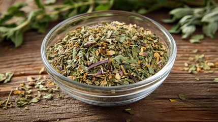Fototapeta premium Organic dried medicinal herbs for homemade therapeutic herbal tea preparation in a glass bowl on a rustic wooden surface.