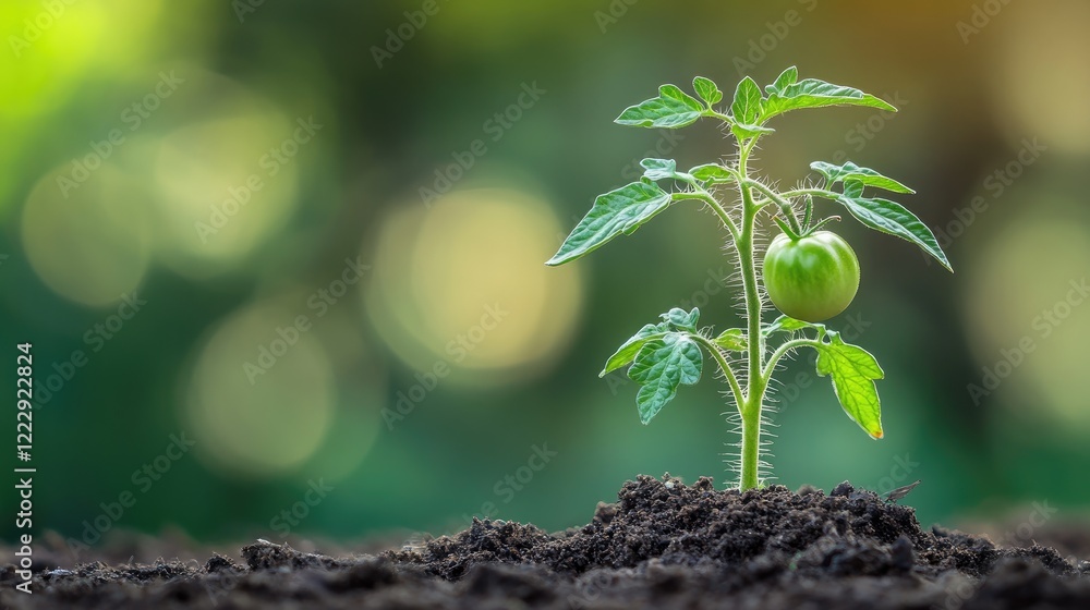 Aufkleber budding tomato plant with green tomatoes growing in the soil and soft bokeh background ideal for agr