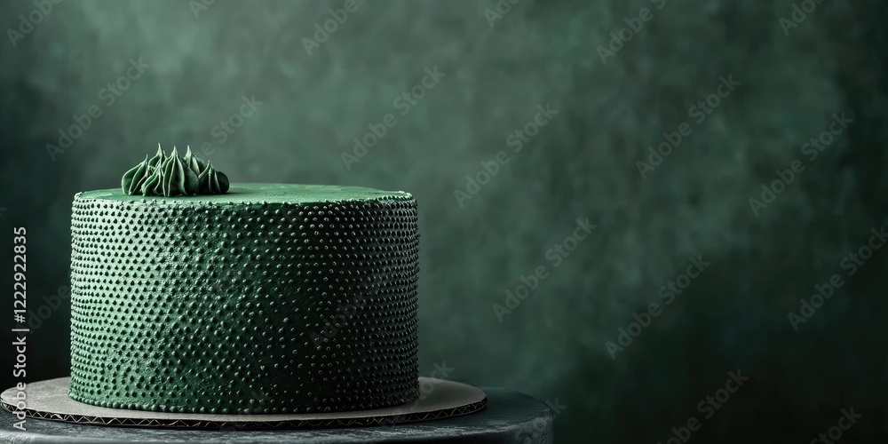 Poster sophisticated dark green cake featuring a textured geometric design and empty space for promotional 