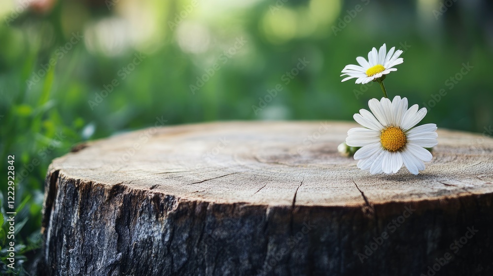 Poster close up of daisies on tree stump showcasing natural textures with blurred green background and ampl