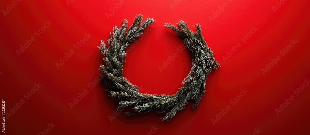Poster cedar branch christmas wreath on red backdrop with empty space for text ideal for festive greeting c