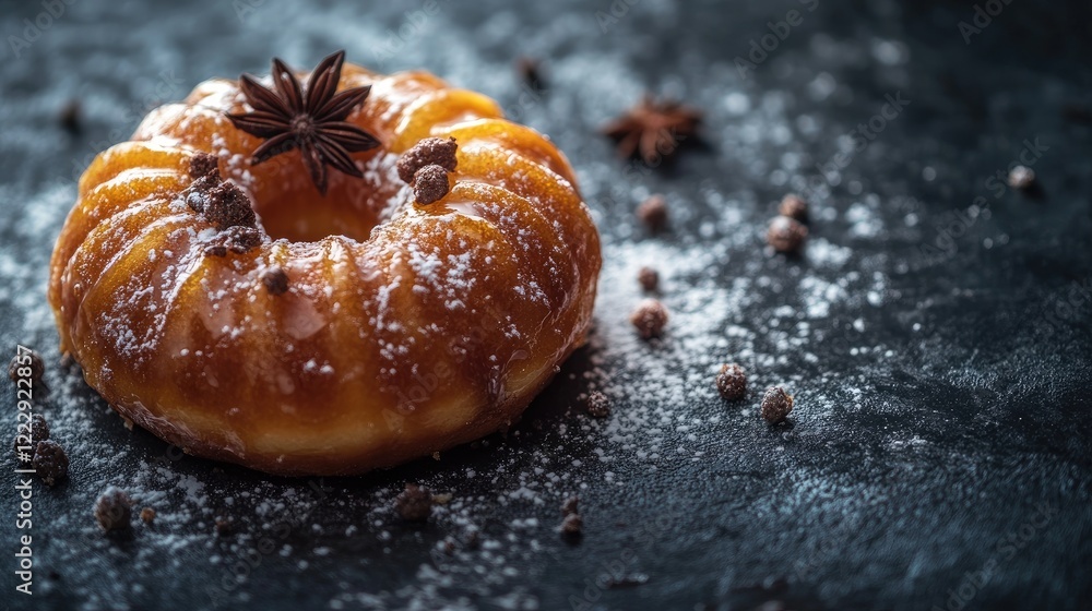 Poster close up of a delicious glazed donut decorated with spices on a dark surface ideal for breakfast or 