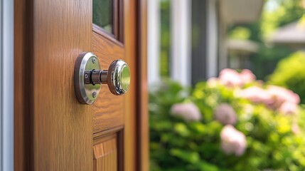Obraz premium Detail of a door locking system with a blurred garden background in a secure community showcasing home security features.