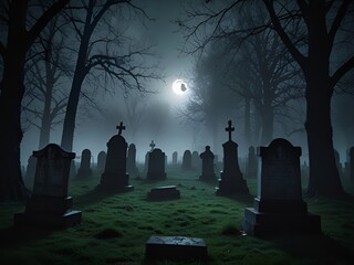 cemetery in the fog at night