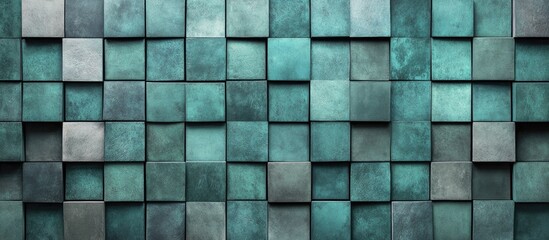 Abstract textured background of square concrete wall tiles in shades of grey, blue, mint, and dark green with ample space for text placement.