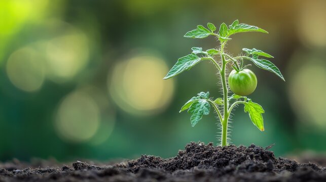 Fototapeta Budding tomato plant with green tomatoes growing in the soil and soft bokeh background ideal for agricultural or gardening themes