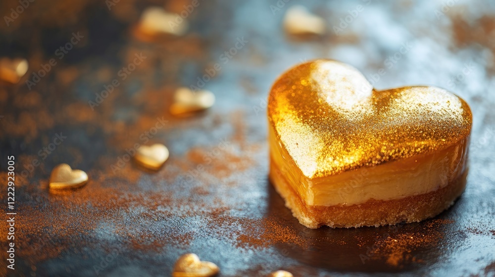 Poster golden heart-shaped dessert on textured surface with scattered golden accents and ample space for te