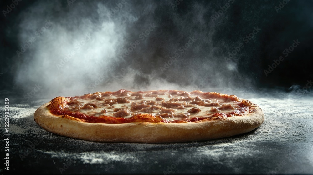 Aufkleber Freshly baked pizza with herbs and meats on a dark background with smoke and flour creating a perfect blank space for text or graphics