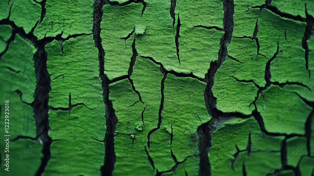 Poster close-up view of cracked green paint, showcasing intricate textures and patterns.
