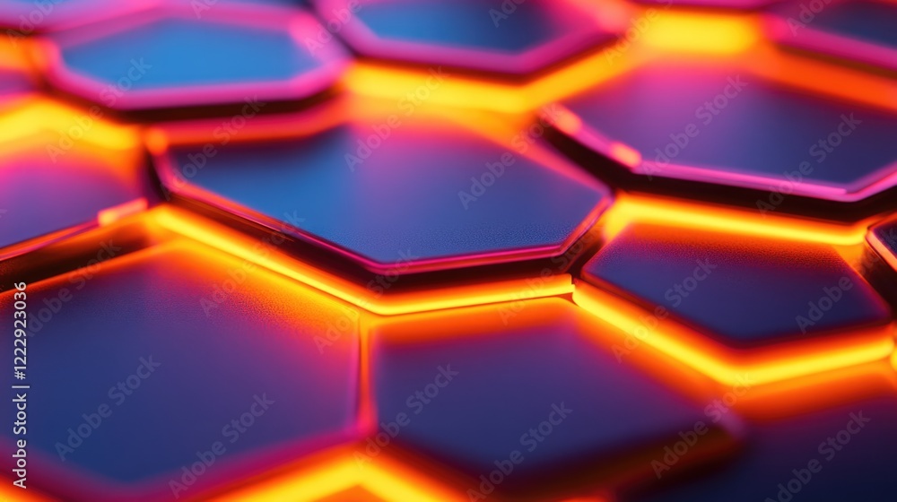 Fototapete Illuminated hexagonal patterns with vibrant LED neon lights creating a modern abstract background with space for text or design elements