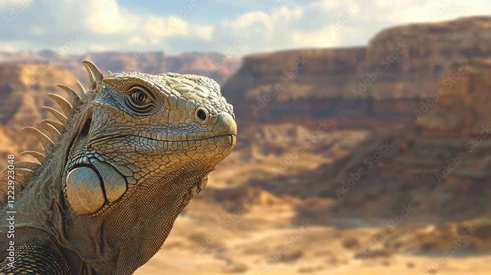Poster close up of iguana head against a picturesque desert landscape with ample copy space for text overla