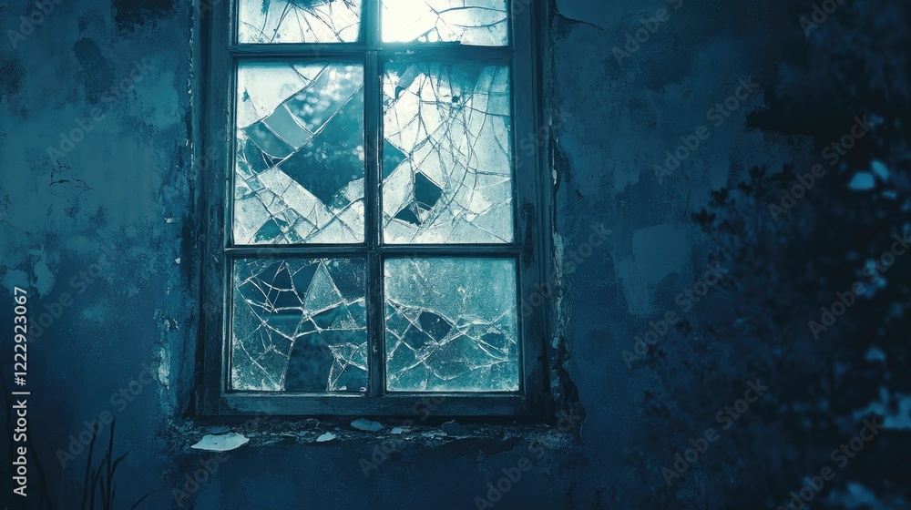 Poster close up of a vintage cracked window showcasing broken glass with a moody atmosphere and ample empty