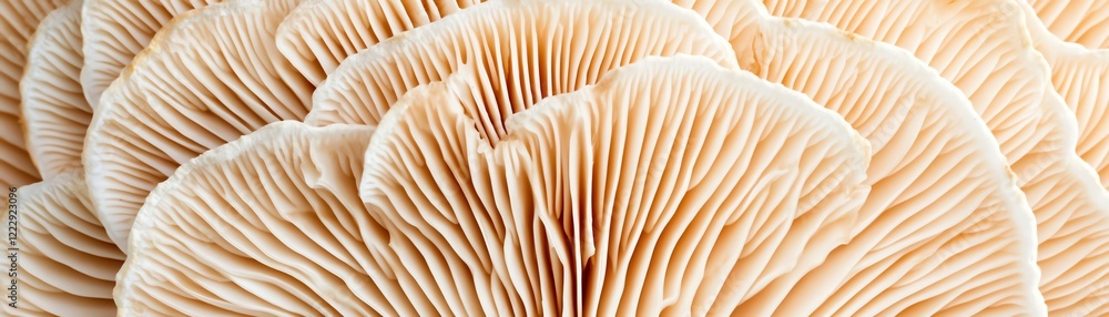 Aufkleber close-up view of delicate mushroom gills showcasing intricate patterns and textures.