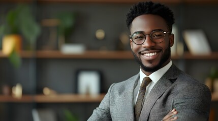 Fototapeta premium Confident Young Professional with Glasses Smiling in Modern Office