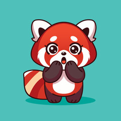 A cute and surprised cartoon red panda with wide eyes and paws covering its mouth, set against a simple teal background