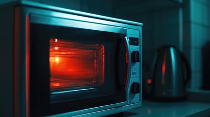 Fototapeta premium Modern microwave oven in a kitchen setting illuminated with warm light showcasing functionality and design with space for text or branding