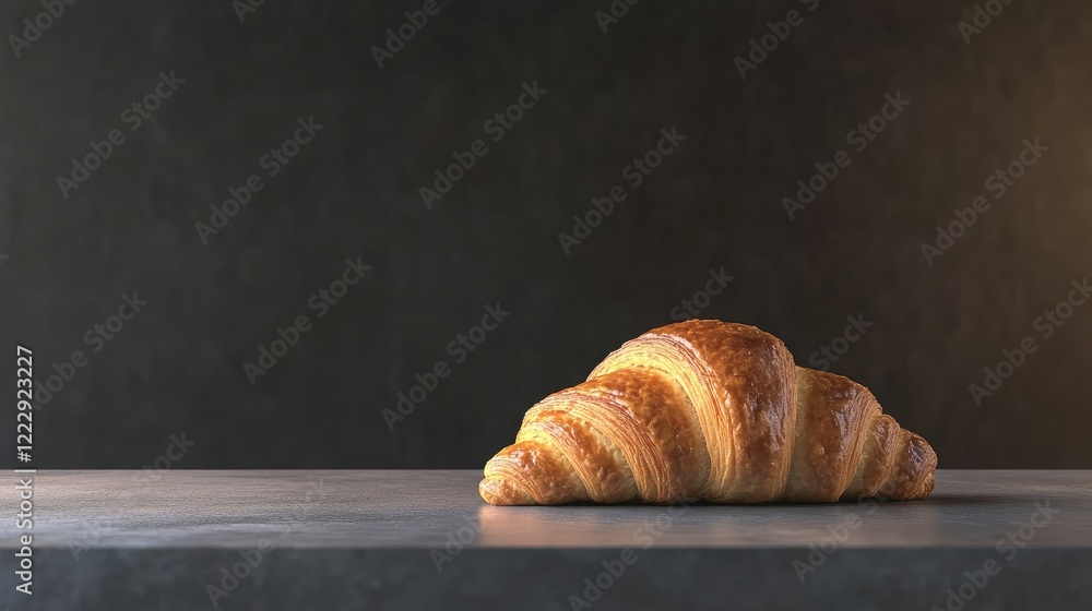 Poster Freshly baked croissant on a rustic table with empty space for text showcasing delicious pastry and inviting warm atmosphere