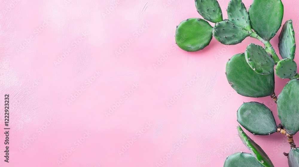 Poster close up of a green cactus against a vibrant pink background with ample empty space ideal for text o