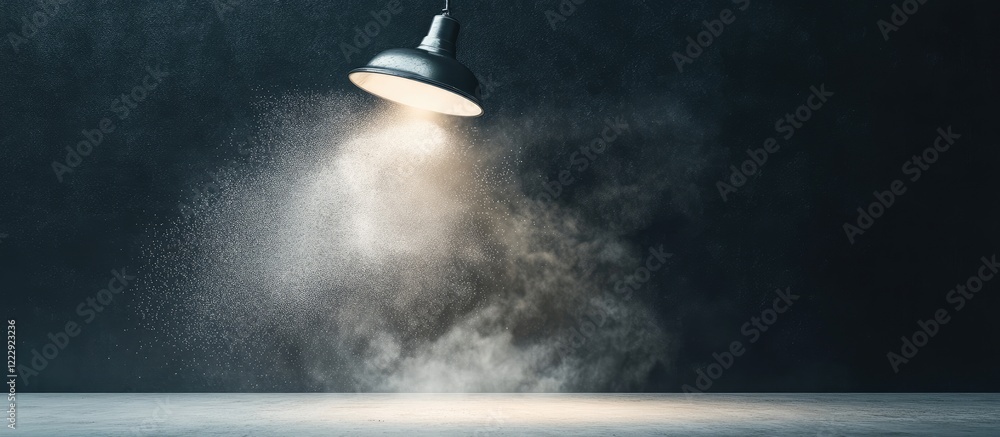 Poster black painted wall with illuminated dust cloud and bright studio light creating empty space for text