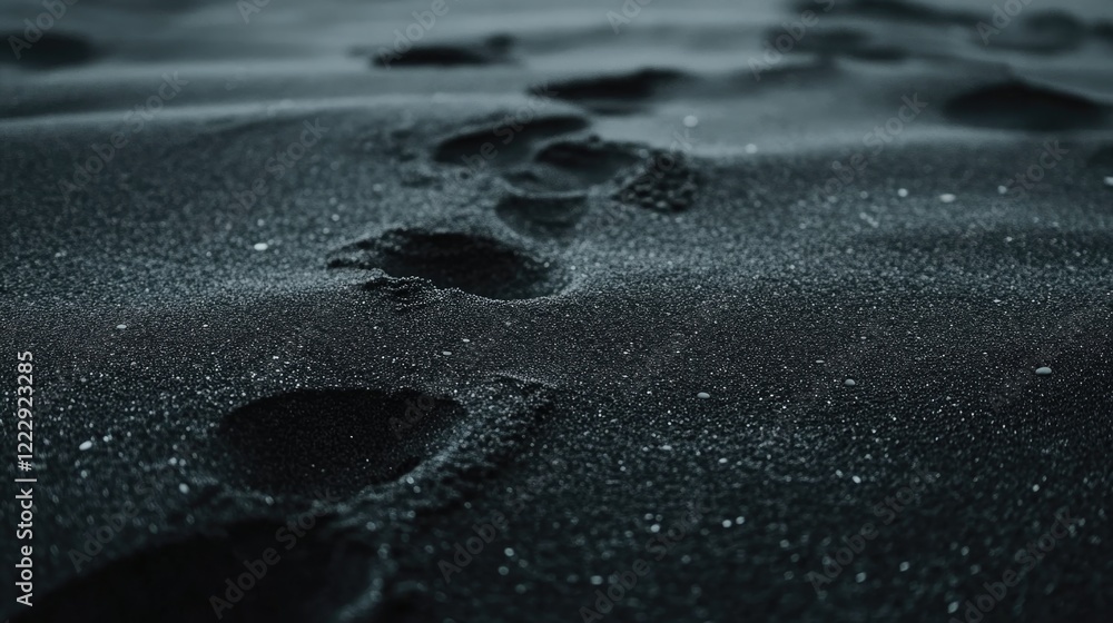Poster close up of human footprints leading through black sand on the beach with ample empty space for crea