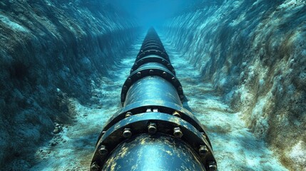 Underwater pipeline infrastructure in oil and gas industry showcasing metal tubing with clear space for informative text or graphics