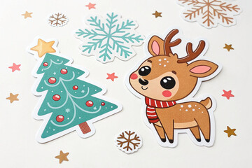 Fototapeta premium Cute Christmas deer and tree stickers.