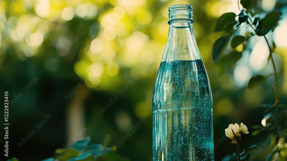 Poster glass bottle filled with clear water surrounded by greenery with ample space for text and refreshing