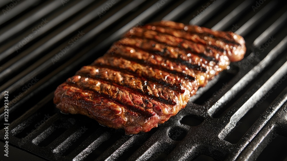 Aufkleber Close up of a grilled steak on a barbecue with char marks and empty space for text on a dark cooking surface