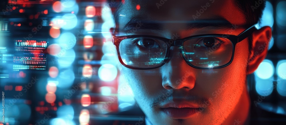Poster focused professional in a modern data center emphasizing cybersecurity with a futuristic technology 