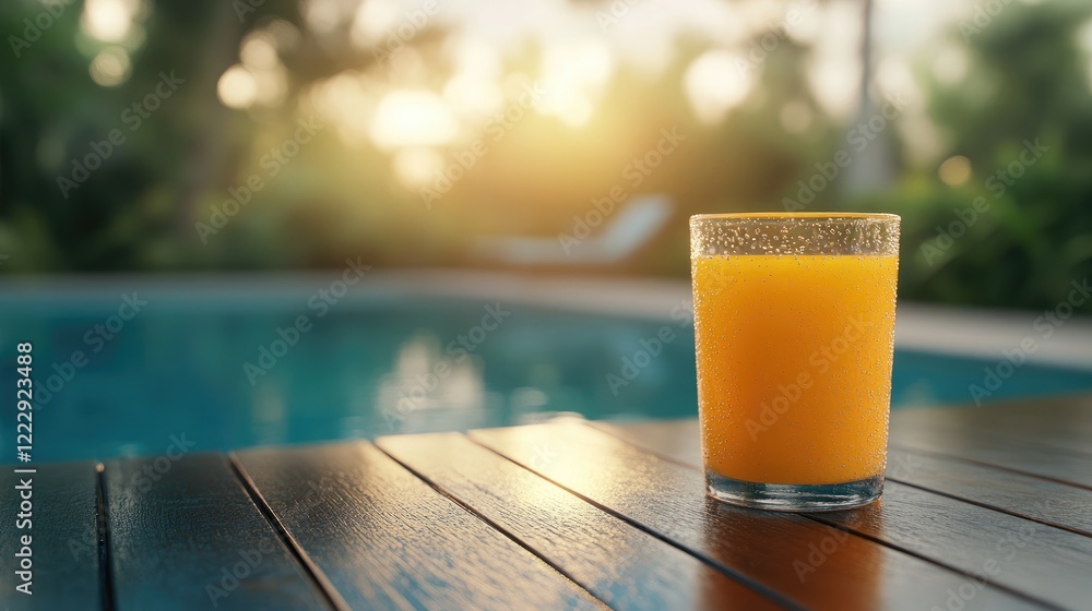 Aufkleber Close up of refreshing orange juice glass by swimming pool with bokeh background and empty copy space for summer themed text and promotions