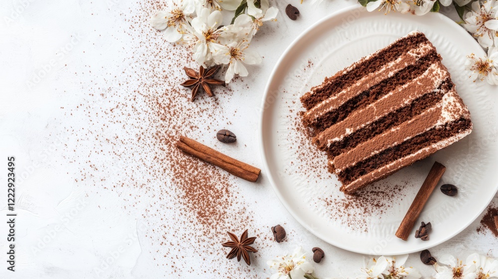 Poster chocolate cake slice on textured plate with cocoa powder cinnamon stick and flowers in background on