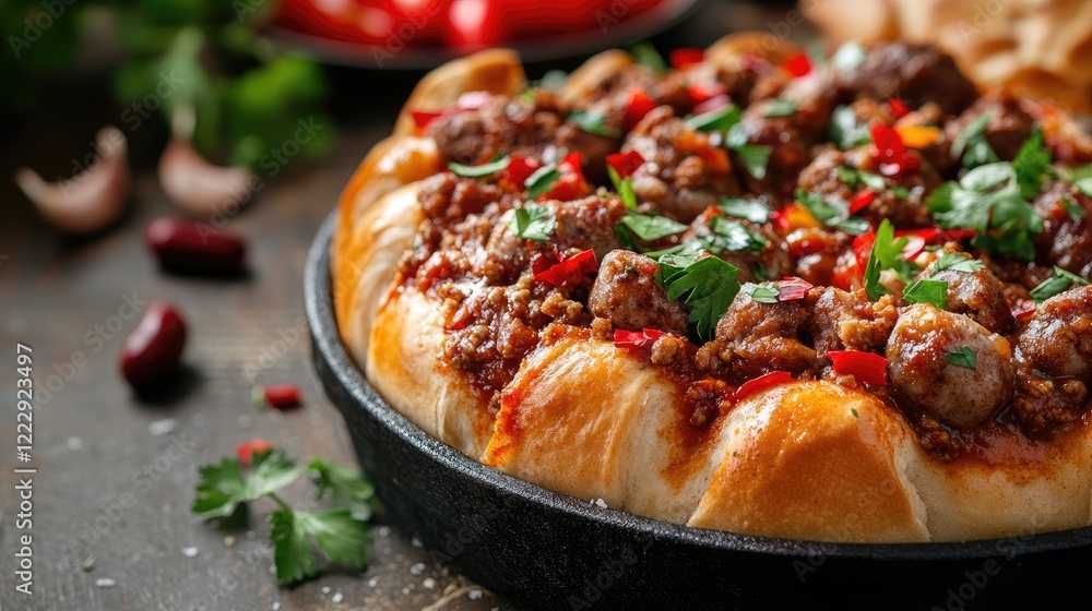 Poster Freshly baked chili roll with sausage topped with herbs and peppers on a rustic table with ample space for text or branding