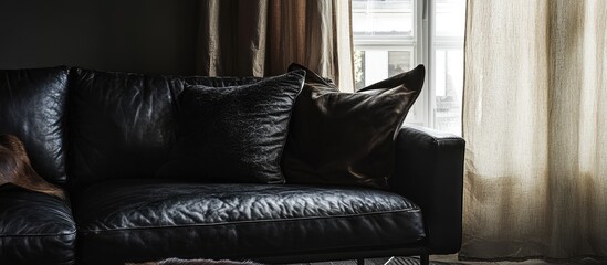 Modern interior featuring a black sofa with curtains and earth-tone accents ideal for design backgrounds and text overlays.