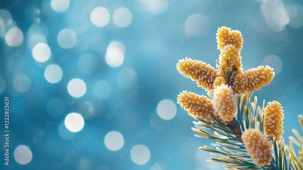 Poster macro shot of sprouted pine pollen grains basking in sunlight with a serene blue bokeh background an