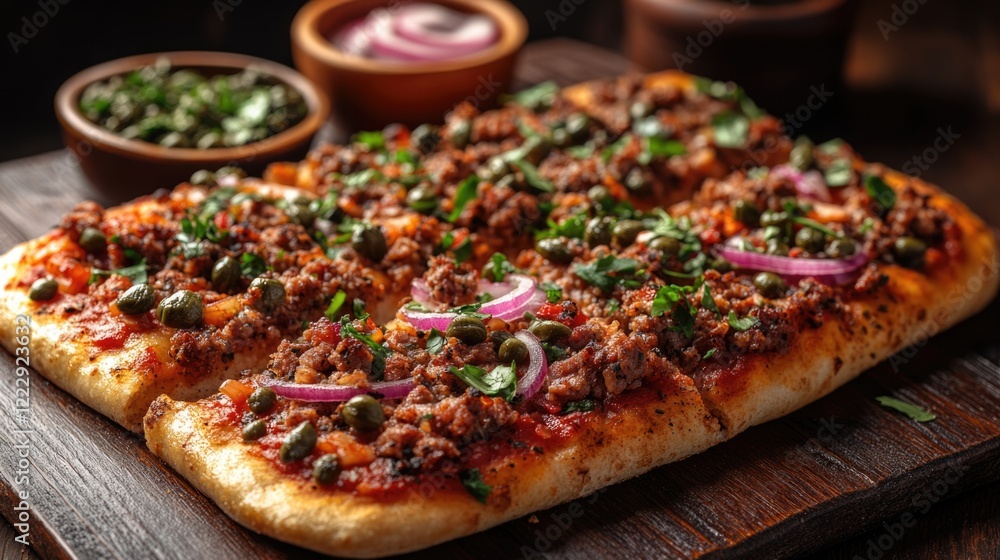 Poster savory minced meat pizza with capers and red onion on wooden table with bowls of ingredients and emp