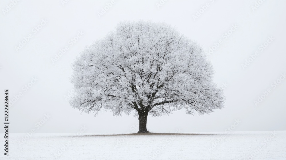 Poster Snow covered tree in winter landscape with empty space for text showcasing tranquility and natural beauty in a serene atmosphere