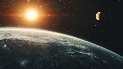 Obraz premium Celestial solar eclipse view from space highlighting the Sun and Moon in a starry cosmic landscape concept in astronomy and natural phenomena.