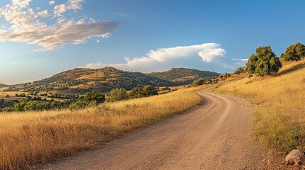 Winding dirt road through hillside meadow under warm lighting with panoramic view showcasing serene rural landscape in vertical format