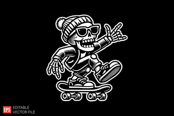 Fototapeta premium Skeleton Playing Skateboard Black and white silhouette Illustration vector design