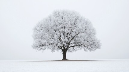 Fototapeta premium Snow covered tree in winter landscape with empty space for text showcasing tranquility and natural beauty in a serene atmosphere