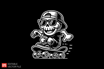 Skeleton Playing Skateboard Black and white silhouette Illustration vector design