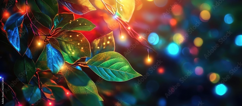 Poster vibrant abstract background of green leaves with colorful light notes and copy space for text ideal 