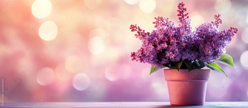 Aufkleber lilac flower in pot on table with spring bokeh background in pink and purple hues featuring empty sp