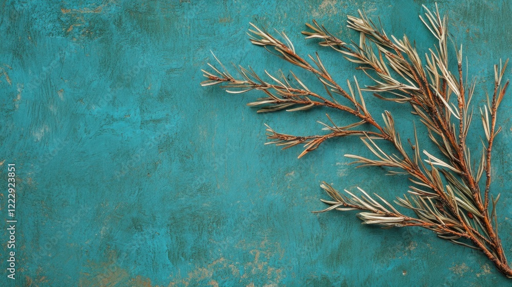 Poster Himalayan cedar needles arranged on a teal blue textured background with ample empty space for creative text or design elements.