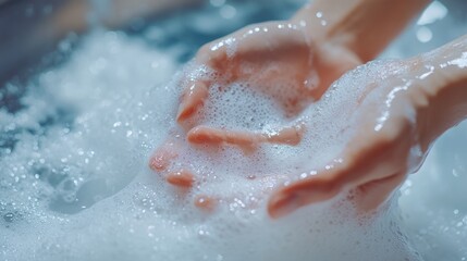 Fototapeta premium Hands in soapy water washing linen emphasizing cleanliness hygiene and laundry process with copy space for text in a household setting