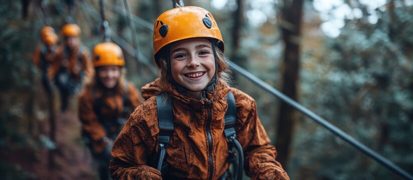Scouts having fun on zip line adventure in forest smiling with exhilaration showcasing teamwork and outdoor excitement with space for text