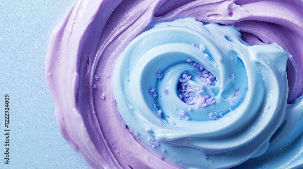 Poster swirling blue and purple creamy dessert texture with soft pastel shades and space for text in a visu